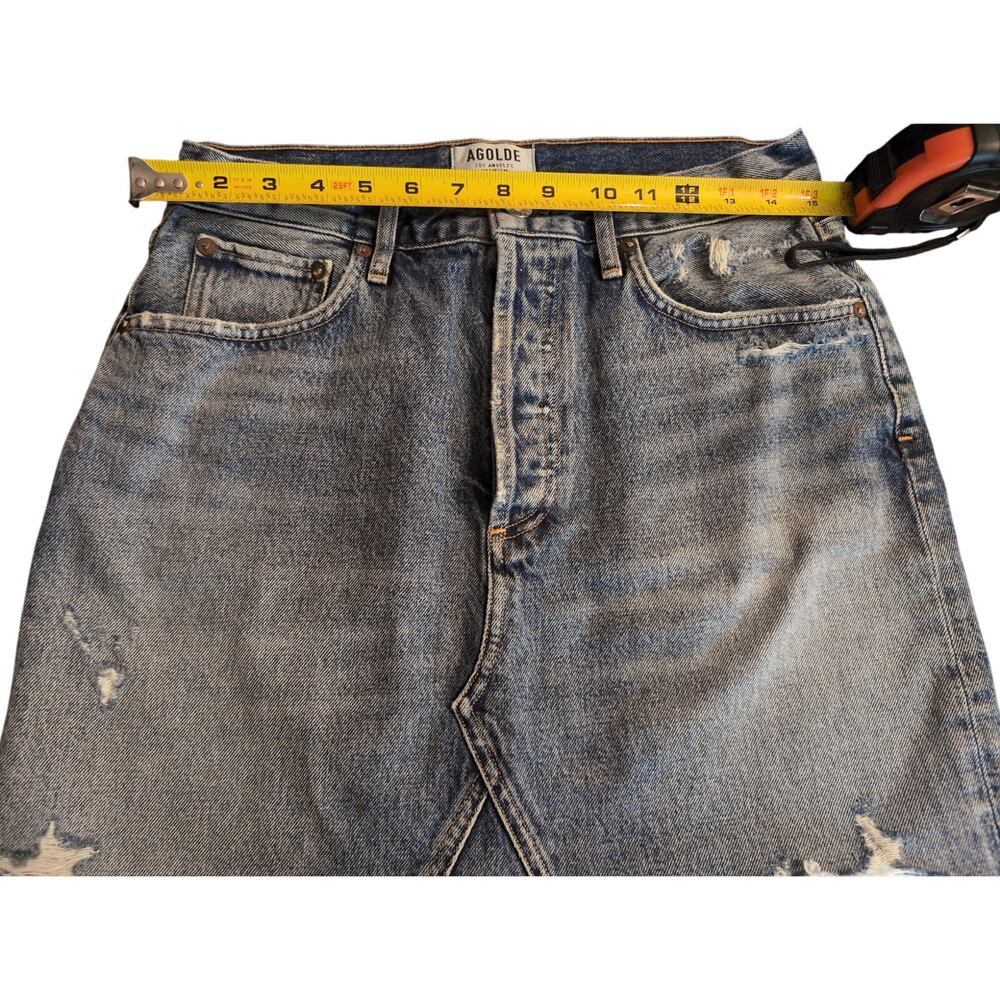 AGOLDE Distressed Denim Mini Skirt Raw Hem Y2K High Rise Festival Size 27 - Picture 3 of 9